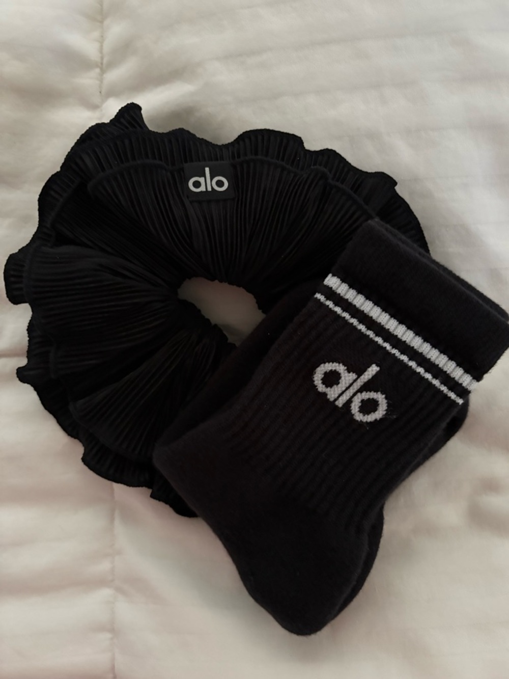 ALO Yoga Black Logo Scrunchie & Socks Set